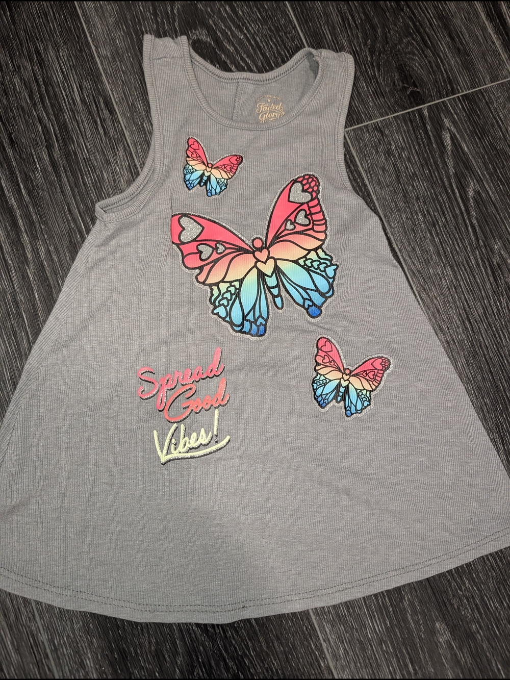 Faded Glory Gray Tank Top with Rainbow Butterfly Graphics
